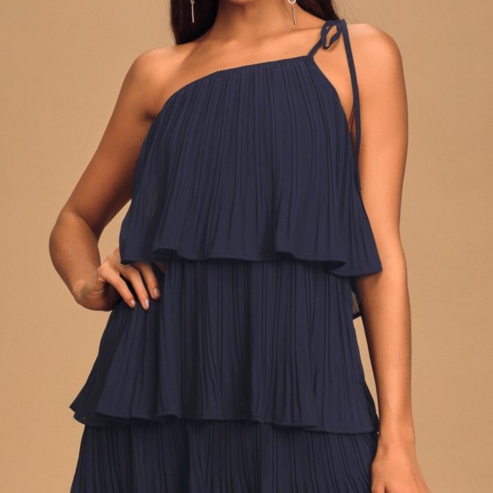 Lulus Blowing Kisses Navy Blue Pleated One-shoulder Mini Dress - Size L